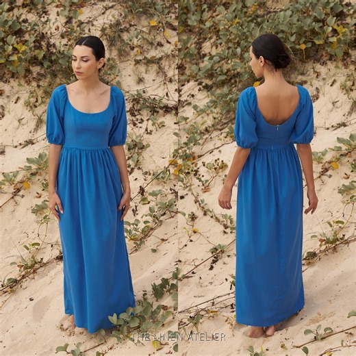 Monica Cottagecore Linen Maxi Dress | Low Back Linen Dress | Puff Sleeve Linen Wedding Guest Dress | Romantic Summer Dress | Custom Fit - Etsy