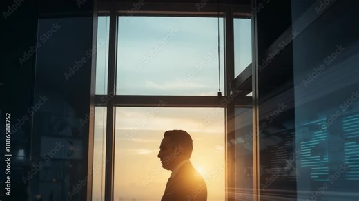 Stepping man in dark suit passing doorway toward window, tapping tablet viewing blue market display
