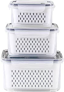 3Pack Fridge Food Storage Container Set with Lids with Strainer,Plastic Fresh Produce Saver Vegetable Fruit Meat Storage Organization, BPA-Free Plastic Produce Keepers(3.15L+1.7L+0.8L)
