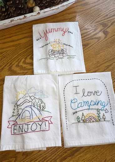 Adorable Hand Embroidered Tea Towels CAMPING THEMED Designs. Primitive and Rustic Designs - Etsy