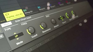 Virtual sensors on computer screen of DJ console closeup. Software for musical set playing in audio studio. Sound mixing control panel