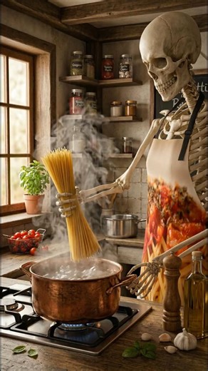 POV: A Skeleton Is Lowering Raw Spaghetti Into Boiling Water With No Idea How It Smells 💀🍝 #shorts