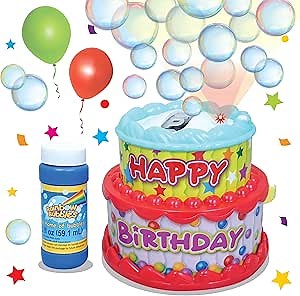 Celebration Cake Bubble Machine (1 Automatic Bubble Blower in Two Random Colors with Color-Changing LED & 1 Bubble Solution in a Gift Box), Party Hurray