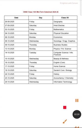 Class 12th Mid-Term Datesheet 2025-26 #class12 #midterm #datesheet2025