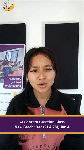 AI is changing content creation faster than ever - and staying behind is no longer an option. Our AI Content Creation class helps you create smarter, faster, and better with AI tools. Don’t chase trends. Lead them. 📅 New Batch: Dec (21 & 28), Jan 4 💰 Price: Rs. 3000 only Register Now and secure your spot. 𝐂𝐨𝐧𝐭𝐚𝐜𝐭 𝐈𝐧𝐟𝐨𝐫𝐦𝐚𝐭𝐢𝐨𝐧: 📍Chyamasingh | ☎️6611815/9851320248 📍Kupondole, Lalitpur | ☎️5402444 🌐www.nextstepinfotech.com 📩info@nextstepinfotech.com #nextstepinfotech #AIConte