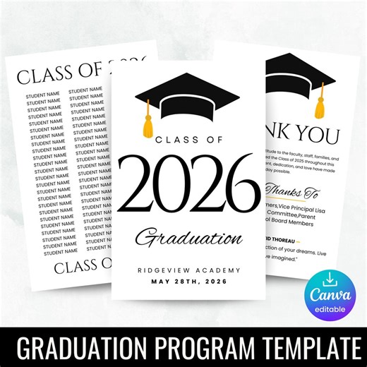 2026 Graduation Ceremony Program Canva Template, Class of 2026, High School & College Graduation Program, Instant Download