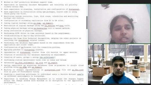 4 years experience postgresql dba mock technical interview | SKY DB Consultant / Trainer