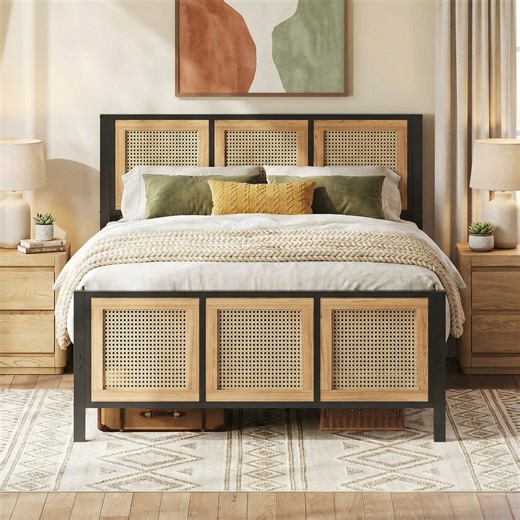East Urban Home Bed Frame With Rattan Headboard, Queen Bed With Sturdy Metal Frame And No Box Spring Needed, Platform Bed For Bedroom, Guest Room | Wayfair