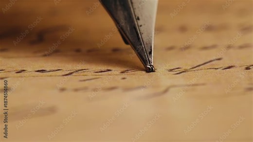 Fountain pen write letter, document sign on an antique handwritten letter. Vintage nib pen and handwritten english cursive style font copperplate, spencerian. Old history background. Retro style.