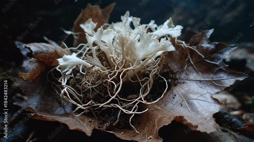 Mycelium network forms underground fungal web concept. Communication root system growing with distributing nutrients.