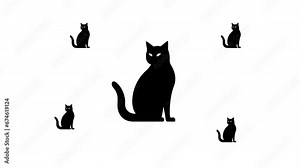 Zoom in and out animation the cat symbol. Large black symbol in the center and four small symbols around. Seamless looped 4k animation on white background