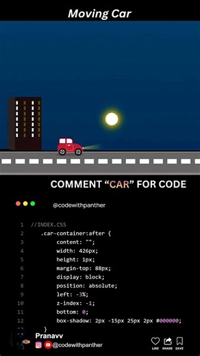 🚗🔥 Moving Car Pure CSS — no JavaScript, just pure CSS #coding #frontend #javascript #developer
