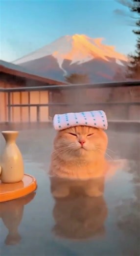 Cat Relaxing in a Hot Spring, Singing Like a Pro 🐱♨️