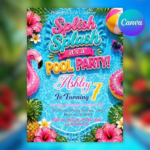 Splish Splash Pool Party Birthday Invitation - Girl Summer Birthday Invitation - Pink Flamingo Pool Party - Editable Digital Download FPTY - Etsy