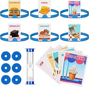 Sumind Headband Game Fun Heads Up Guessing Game Quick Question Cards Set Includes Headbands, Picture Cards, Scoring Coins, Sand Clock(Food Style)