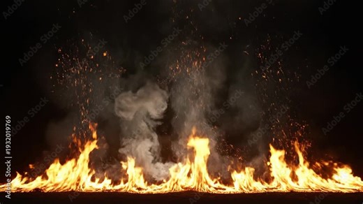 Bright Flame Edge Smoke \'96 Fire border with vapor, intense ribbon of bright orange and golden flame running along the lower edge of a dark frame, sharp tongues of fire flickering upward while
