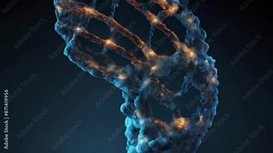 Detailed DNA helix: molecular bonds and spirals up close. Visual contrast with blue and orange colors. Demonstrates DNA’s essential role in genetic info, protein synthesis, and guiding life.