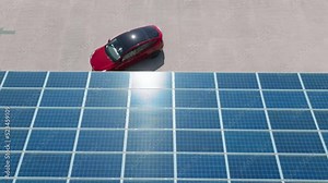 Alternative energy for ecological cars under blue solar batteries. Aerial view red car parking under solar panels. 4K electric, zero pollution car on green energy concept on modern city parking lot