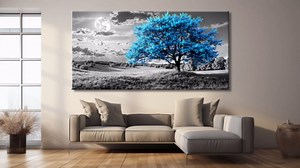 Blue Tree Canvas Wall Art - Modern landscape Paintings for Living Room, Bedroom Wall Decor, Framed Wall Art for Home or Office Decoration, Large Wall Art 20"x40"(50CMx100CM)