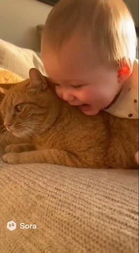 Baby Laughing and Kissing Cat’s Head