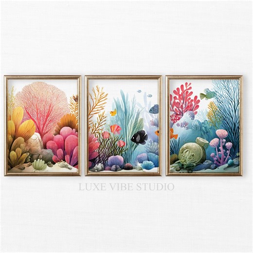 Tropical Coral Reef 3 Piece Wall Art Set, Coastal Triptych Art, Beachy Watercolor-style Marine Prints, Gallery Wall Art, Downloadable 145 - Etsy