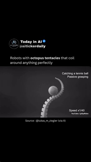 Today in Ai on Instagram: "SpiRobs are soft robots inspired by octopus tentacles and logarithmic spirals. These robotic manipulators can coil around and grasp objects of any shape or size, from tennis balls to delicate strawberries and potted plants. The segmented tentacle-like arms adapt to each object's form, demonstrating gentle yet secure grasping. A drone equipped with the manipulator can pick up buckets, while the robotic arms handle everything from headphones to fragile plants without dam