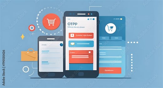 Flat design illustration of a mobile phone with a shopping cart icon and a form with a credit card icon.