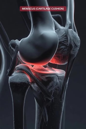 MENISCUS (CARTILAGE CUSHION) Weight loading animation compresses meniscus, tear widens. This thin cushion absorbs every step you take. The meniscus cartilage between femur and tibia, torn edges glowing red, compressed texture. #fyp #viral #3danatomy #medicalanimation #humanbody