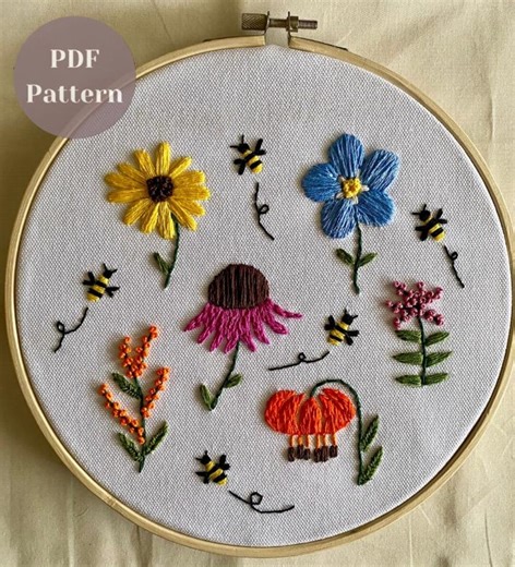 Wildflower Bee Embroidery Pattern, PDF, Beginner Friendly Hand Embroidery Design - Etsy