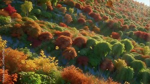 Looping animation of a forest immersed in autumn hues and shrouded in dense fo Stock Video