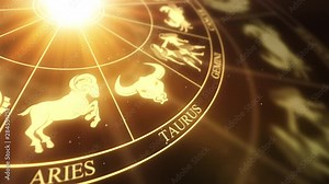 Zodiac Horoscope Signs on a spinning wheel Seamless Looping Motion Background Version 01 Golden Brown Yellow Orange Stock Video