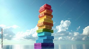 Credit Score Tower A towering structure made up of different colored blocks each representing a specific credit score range. The height of each block indicates the impact