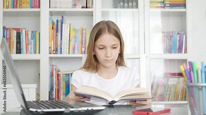 Student Girl Reading Book, Young Child Studying in School Library, Adolescent Kid Reads, Teenager Learning in Classroom Education