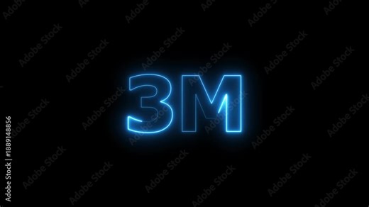 Glowing Neon Blue 3M Text Animation. Social Media Views, Followers and Subscribers Celebration on Black Background.