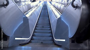 Moving up the escalator in the subway. Steps of the escalator up to the top. Camera view from below