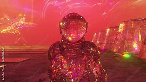 Cosmos concept. A diamond astronaut walks across Mars against the backdrop of a space base. Pink color. 3d animation