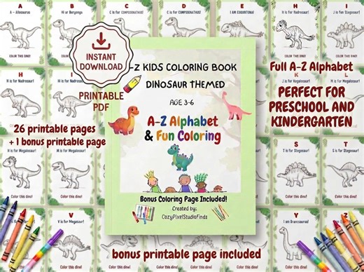 Dinosaur Alphabet Coloring Book A–Z | Printable Coloring Pages for Kids | Preschool and Kindergarten|age 2-5 - Etsy