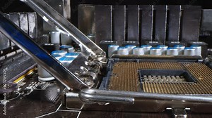 Detail of a CPU processor above its socket on the motherboard. computer motherboard with components. Highlighted element, circuits and electronic components. CPU. Digital communication