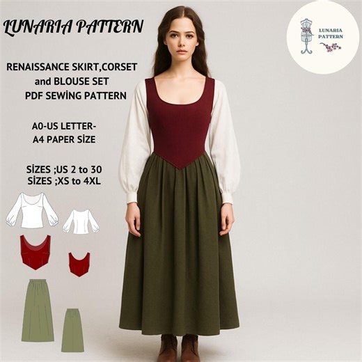 Renaissance Medieval Outfit Sewing Pattern Set: Blouse, Bodice, Skirt (PDF Pattern, XS-4XL) - Etsy