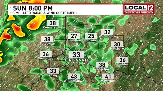 ⚠️ Here's a look at how NOAA's HRRR Model times the gusty showers and isolated storms moving into the #Cincinnati area this evening. Widespread 40-50 mph gusts and isolated gusts 50 are possible. Scattered power outages are also possible. | Meteorologist John Gumm