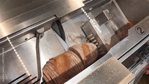 16 february 2026, Aachen, Germany. Lidl discounter store. Elderly woman putting a bread in a bread cutting machine, select and push a button. The machine starts cutting bread, in slices. Cheap superma