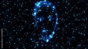 Face Man Hologram in Cyberspace with Plexus: Connecting Dots and Lines. Date Information Concept: Machine Learning Computer Intelligence. Hologram of male Human face with artificial intelligence.