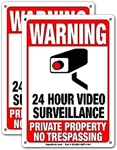 24 Hours video surveillance sign, Private Property No Trespassing Signs,2-Pack, 10 x 7 Inches, Security camera for home, Business, Reflective, Driveway Alert CCTV Indoor Outdoor Use
