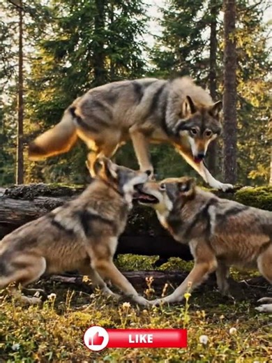 Playful Wolves A Forest Family's Game, Three Wolves Having Fun in the Sunset Forest #wolf #wildlife