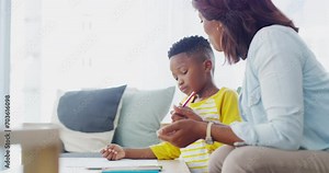 Mother, homework and conversation in home with school paper, child and studying together in living room. Learning, support and love of a mom and young kid with education notes in a lounge with talk