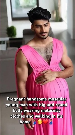 Pregnant handsome muscular young man with big and round belly wearing maternity clothes #mpreg