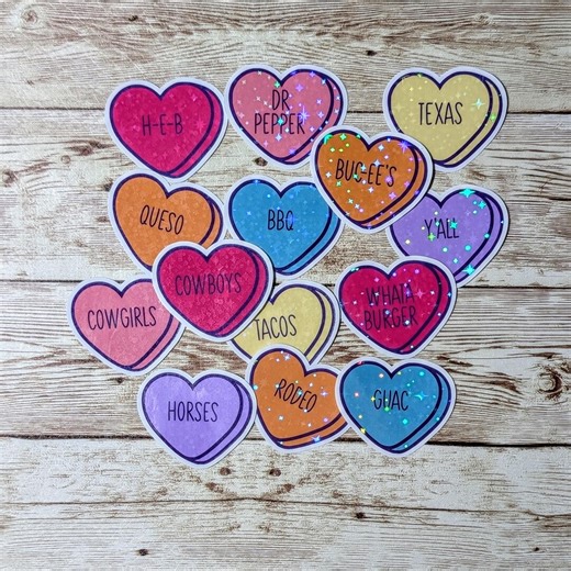 Texas Valentine's Candy Hearts Sticker Pack | 14 Stickers | Playful Conversation Hearts | Waterproof & Holographic - Etsy