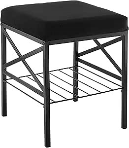 Multifunctional Velvet Footstool Ottoman with Storage Shelf, Shoe Changing /Makeup/ Storage Footrest Vanity Small Pouf Stool for Makeup Room, Living Room, Bathroom, Modern Padded Seat, Metal Leg Black