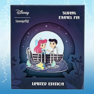 Floating in from a blue lagoon, The Little Mermaid limited edition pin has arrived! This collector's pin has a moveable feature--Flounder and his friends slide side to side! Shop the link in our bio! 🧜‍♀️🐟✨ | Loungefly