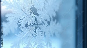 A macro perspective of frost evolving on a glass surface, highlighting the complex geometry and fractal nature of ice crystal growth in cold environments.